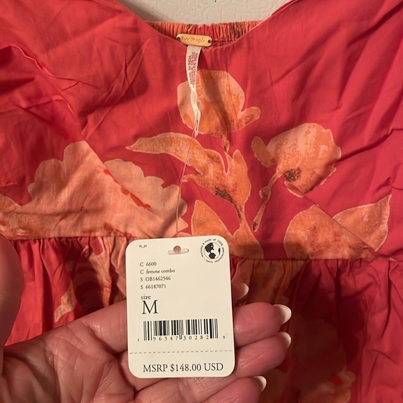 Free People NWT Medium 100% Cotton Coral Floral Dress - Picture 3 of 11